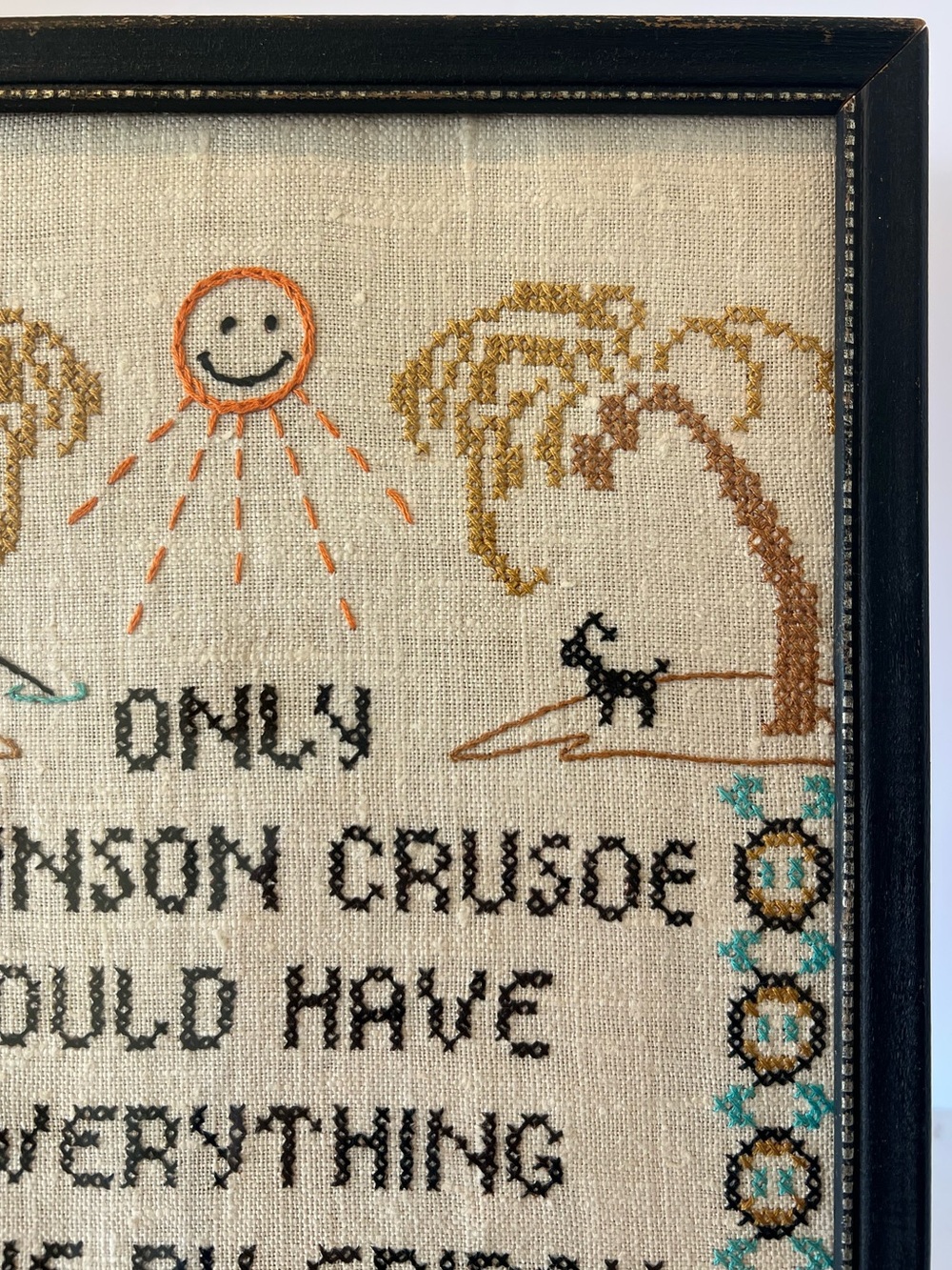 Vintage Framed Cross Stitch Sampler Robinson Crusoe Quote Island Folk Art - Picture 4 of 10